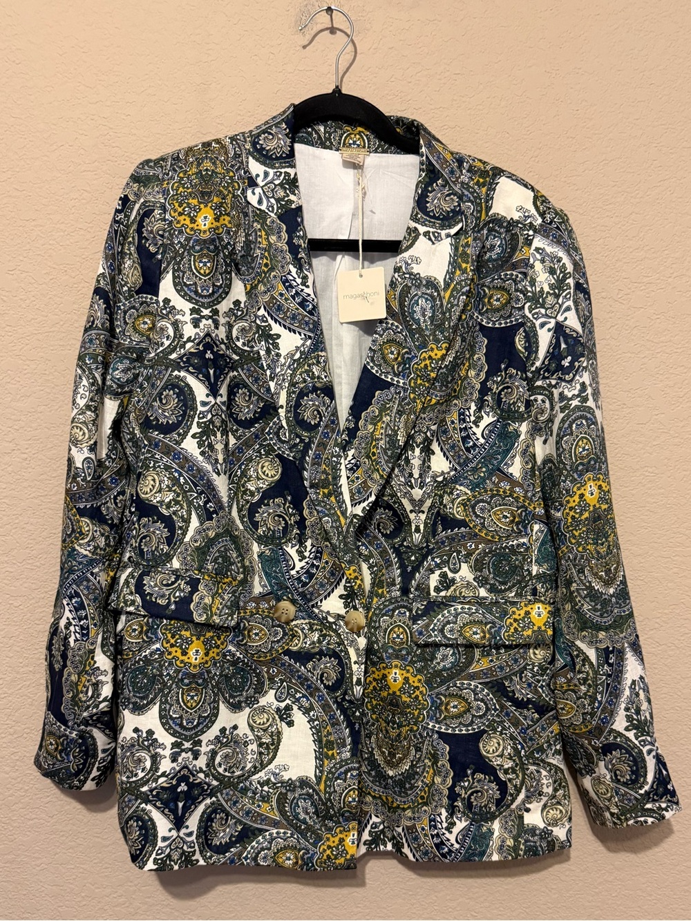 New MAGASCHONI LUXE Blazer Jacket POCKETS‎ Lined Paisley Linen Large MSRP $228